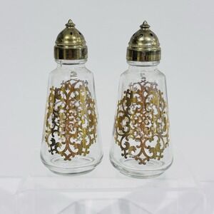 Vintage Anchor Hocking Salt & Pepper Shaker Set‎ Clear Glass Gold Scroll Design